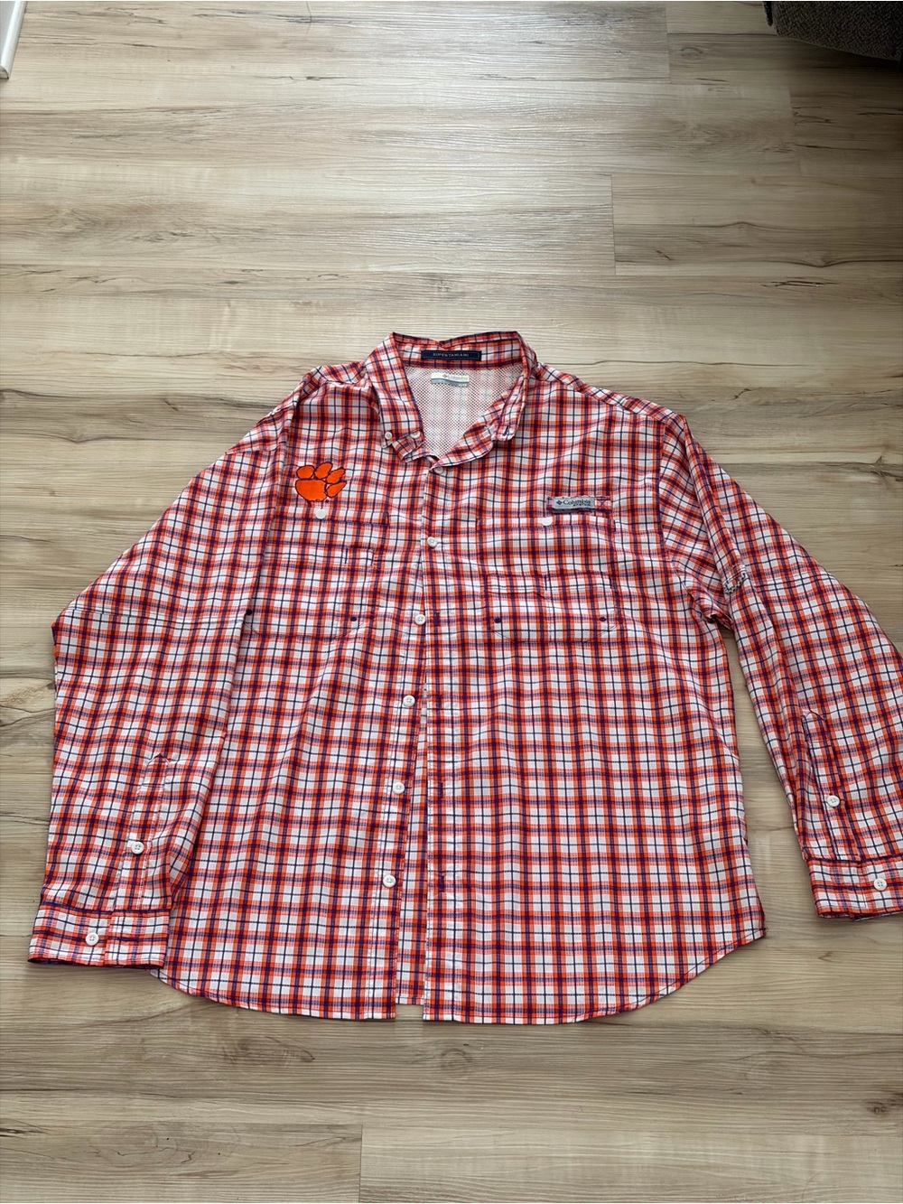 Columbia Men's Orange and White Plaid Button-Down Shirt